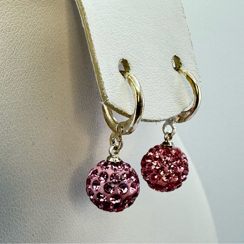 New Silver Pink Rhinestone Ball Dangle Earrings Sparkle Drop Glam